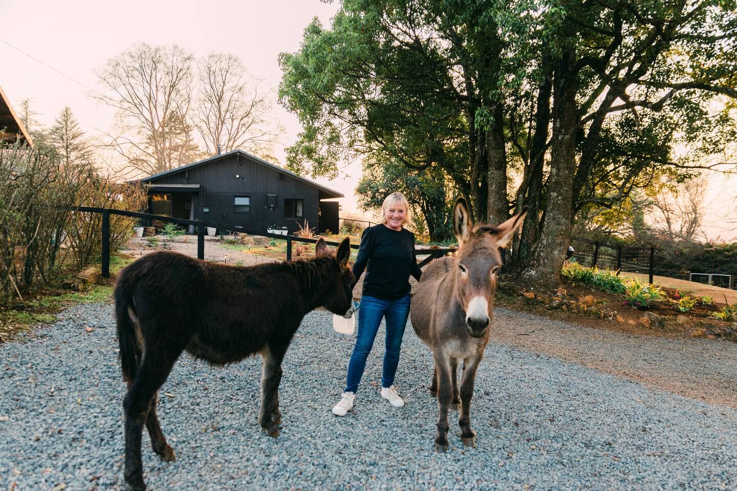 Lizzi Hayden on the drive with two of the rescue donkeys